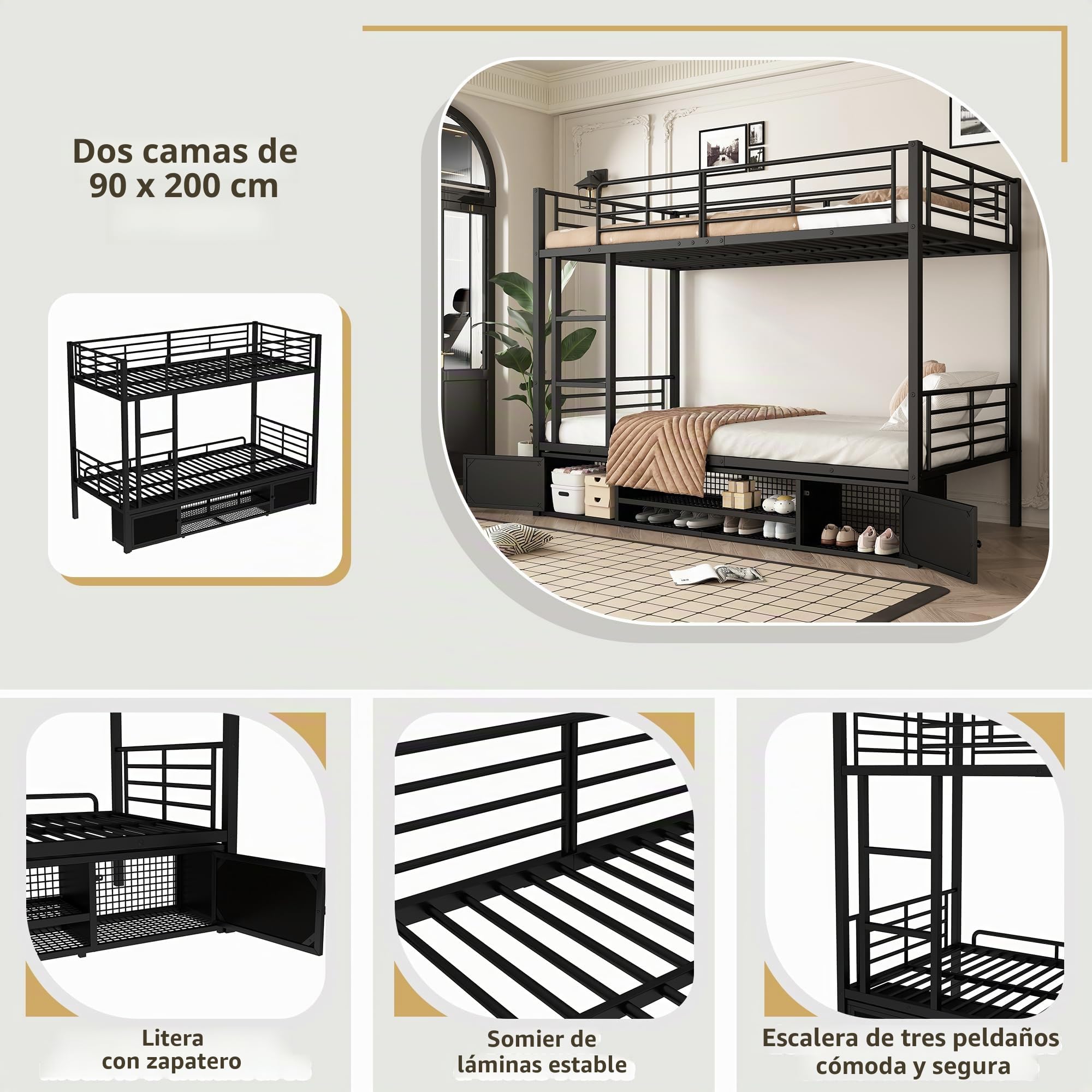 Lubvtti Litera con estructura de hierro 90 x 200 cm, zapatero abierto y pequeño armario de dos puertas, con escalera lateral y red de protección, negro (colchón no incluido)