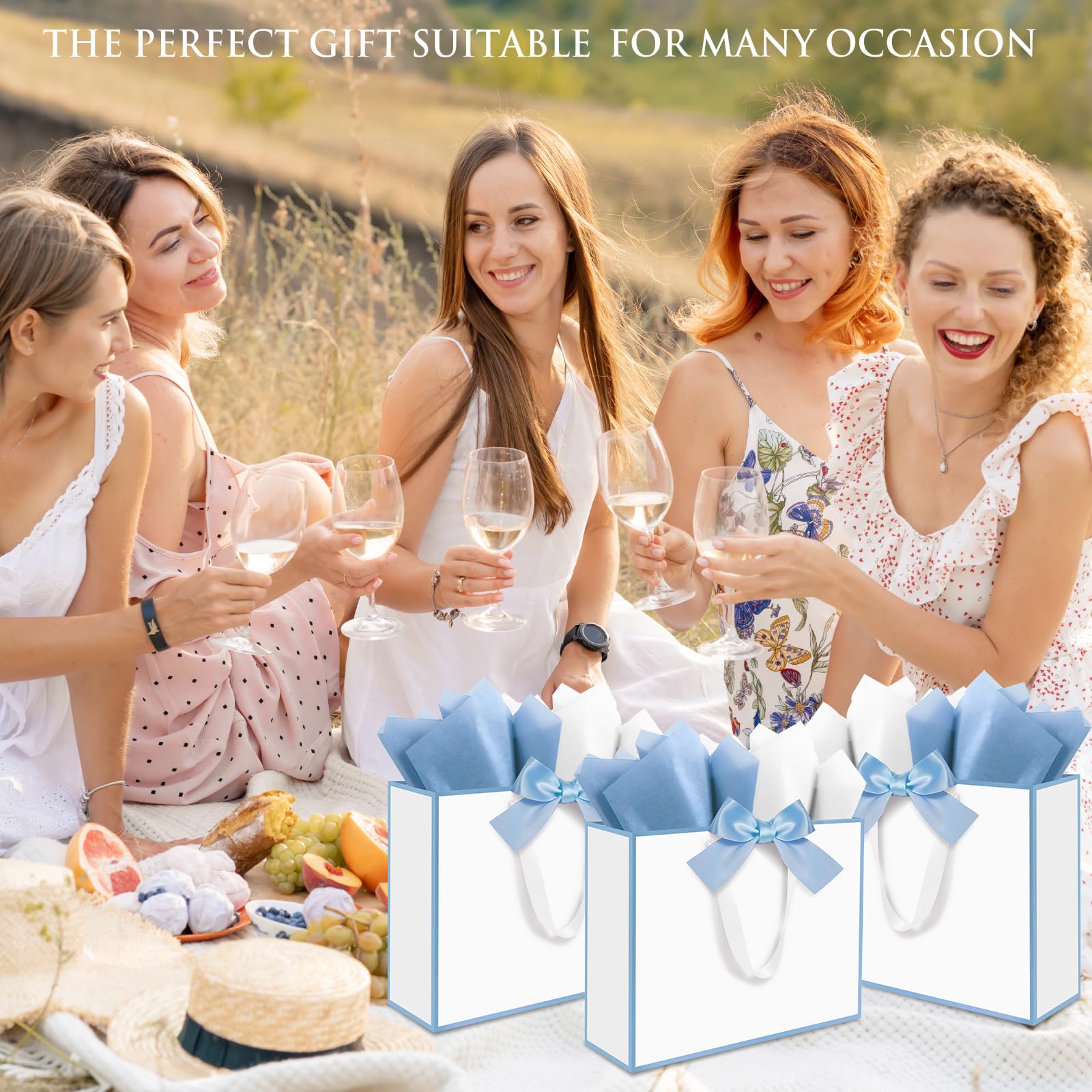 Ethhqu 3 Pack Elegant Large Gift Bags with Handles, 12.6x10x4 Inch - Set Includes Tissue Paper & Cards for Birthday, Baby Shower, Wedding, Anniversary, Mothers Day & Holiday Gifts (3Pcs White with Blue Rim)