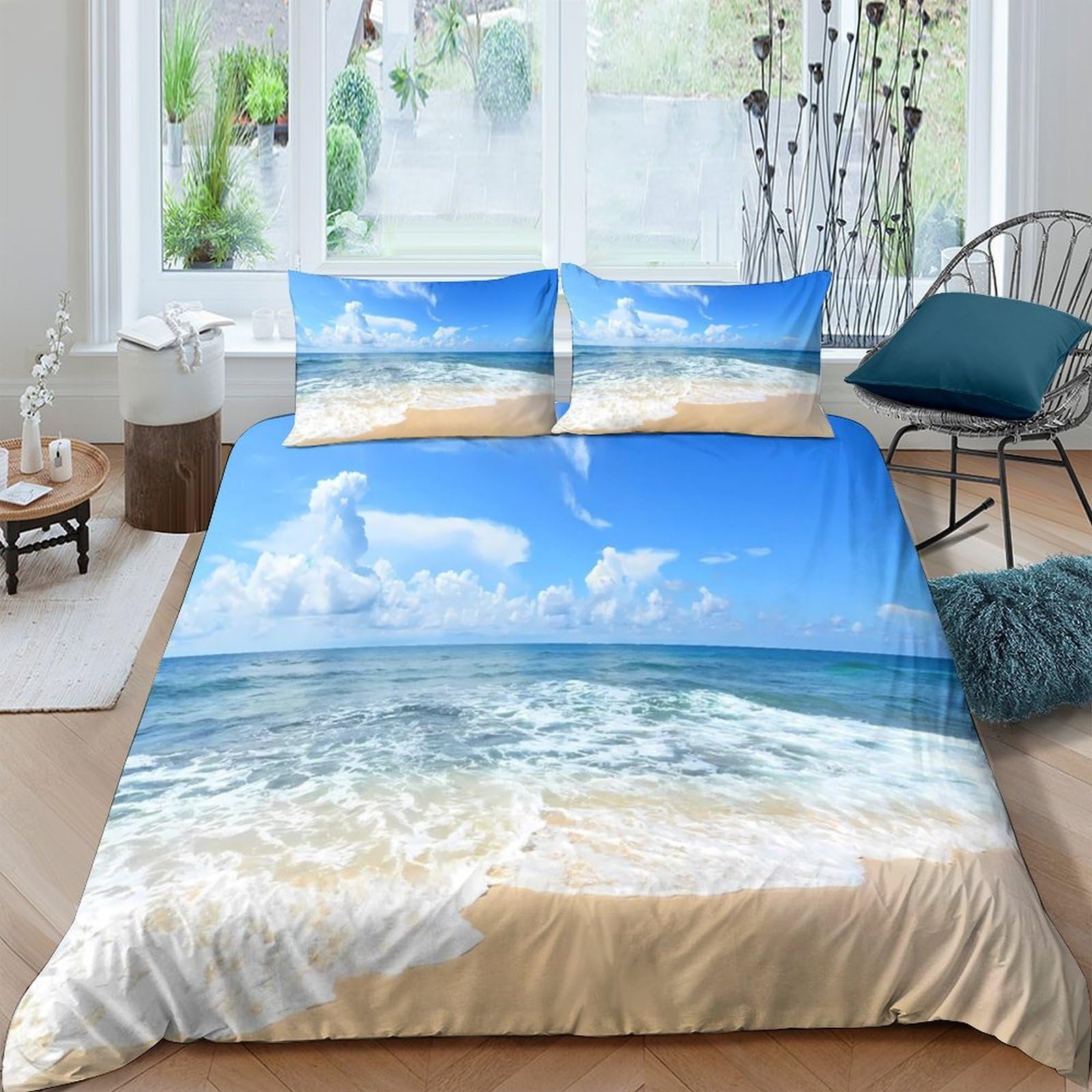 Ctjqhvkz Style-10 3D Printed Ocean Beach Fitted Sheet Microfiber Soft Breathable Seaside Waves Mattress Cover Bedroom Decor Single（135X200cm）