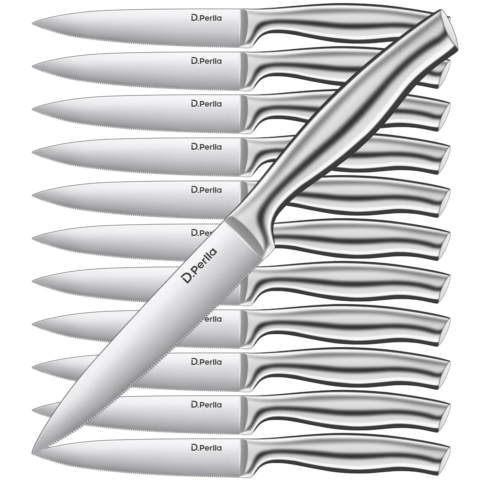 D.Perlla Steak Knives 12 Pieces Micro Serrated Steak Knife Set High Carbon Stainless Steel Steak Knives Set, Elegant Sharp Kitchen Steak Knife Set, Silver