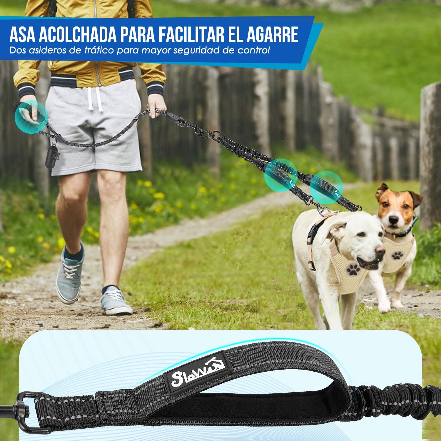 SlowTon Doble Correa para Perros sin enredos - Cable Reflectante Giratorio de Alta Resistencia Giratorio de 360 °, Entrenamiento para Caminar Amortiguador para 2 Perros medianos pequeños
