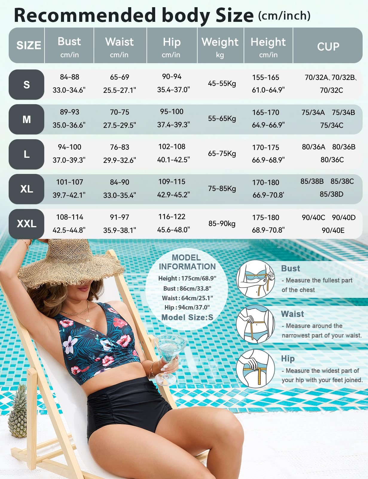 Voqeen Femme Maillots de Bain Deux Pièces Push-up Ensembles Taille Haute Bikini Set Froncé avec Contrôle du Ventre Col V Élégant