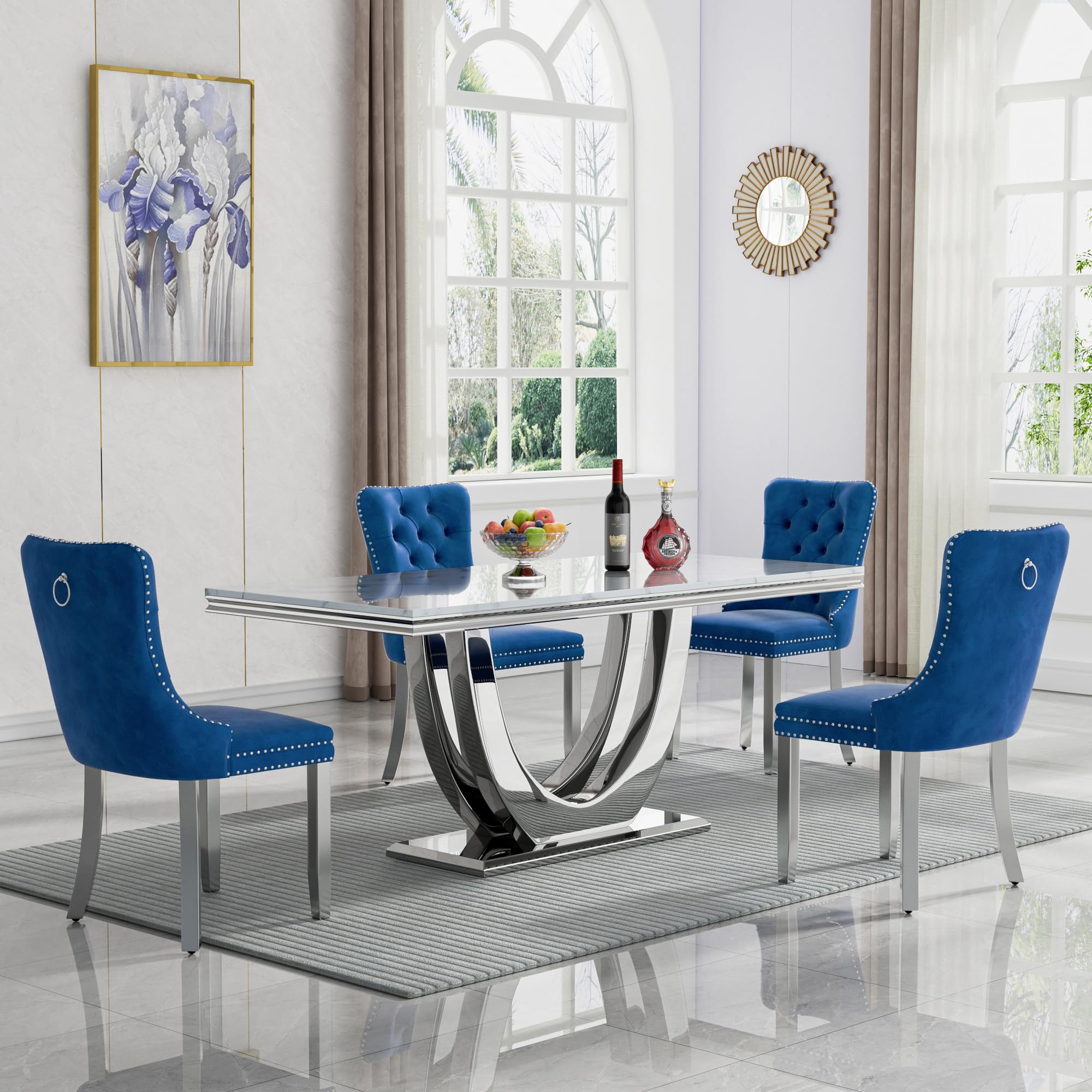 68" Marble Dining Table Set for 4, Luxury White Faux Marble Kitchen Table with 4 Blue Velvet Dining Chairs Modern 5-Piece Dining Room Table Set for 4 w/Silver Stainless Steel Base