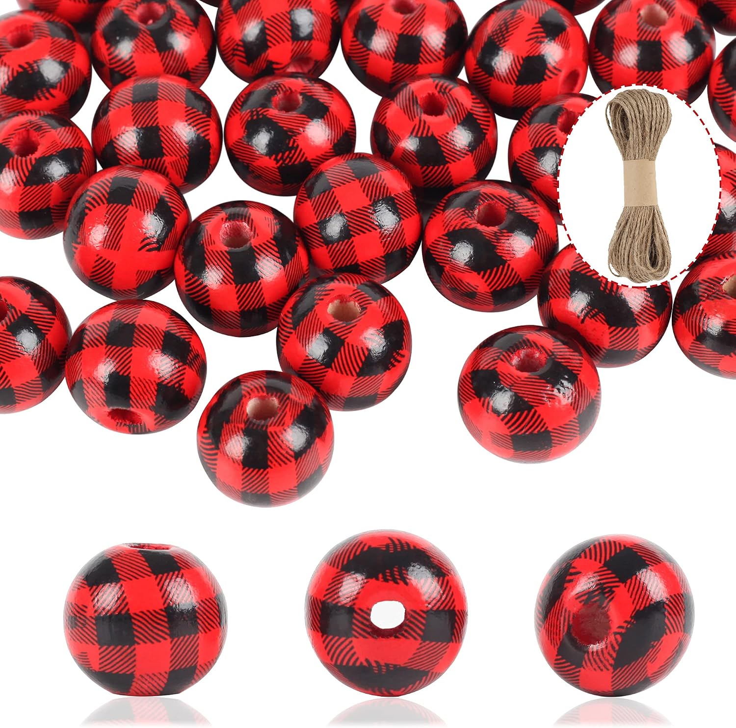 Buffalo Plaid Wooden Beads 16 mm Red Black Wood Beads with 21.8 Yards Yellow Hemp Rope for Home Garden Farmhouse Garland Hanging Decor DIY Craft Supplies, 100 Pieces