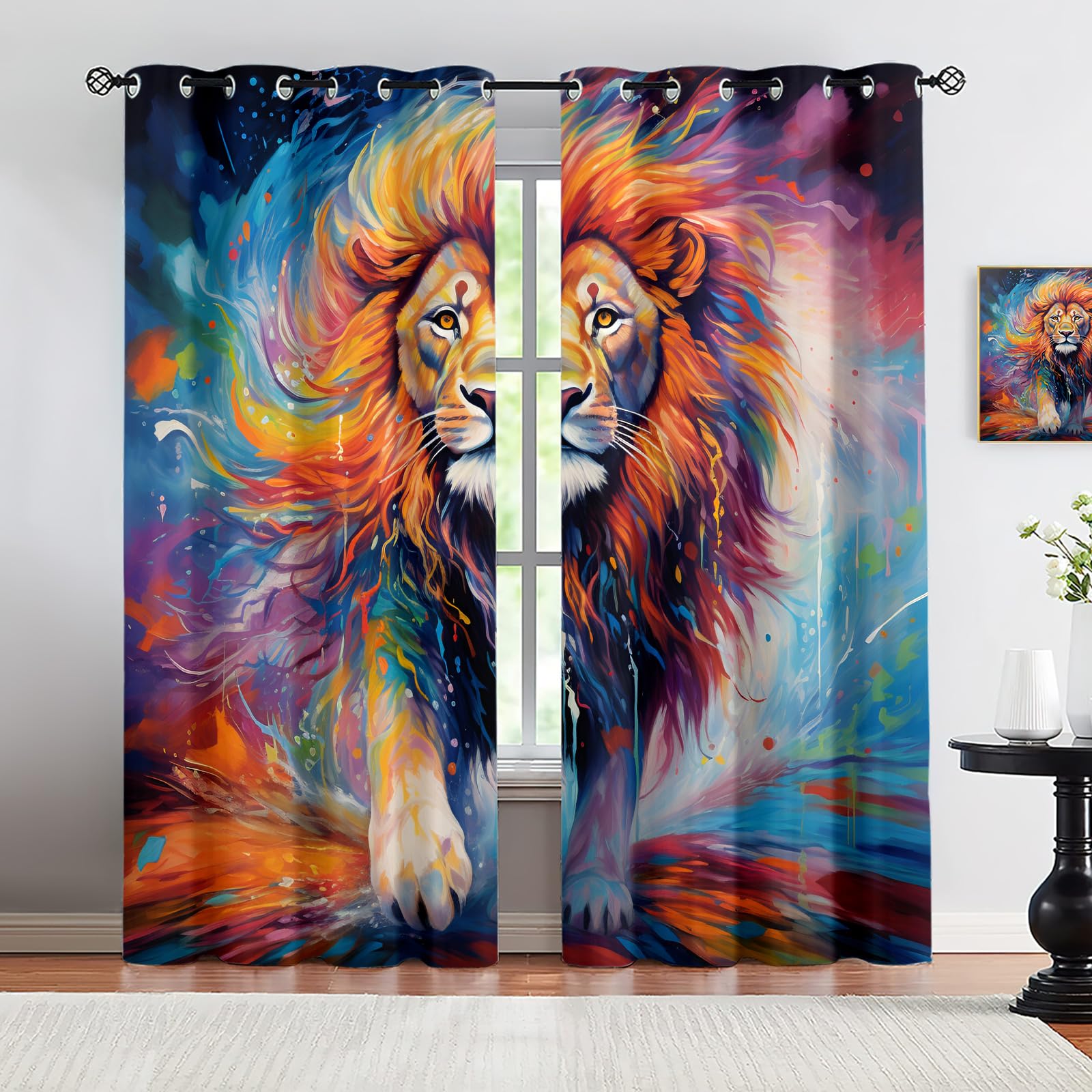 HYGIUID Lion Oil Painting Curtains for Girls Bedroom, Animal Thermal Blackout Curtains Modern Curtains for Beautifying Space and Protecting Furniture, 66.1" x 72", 2 Panels