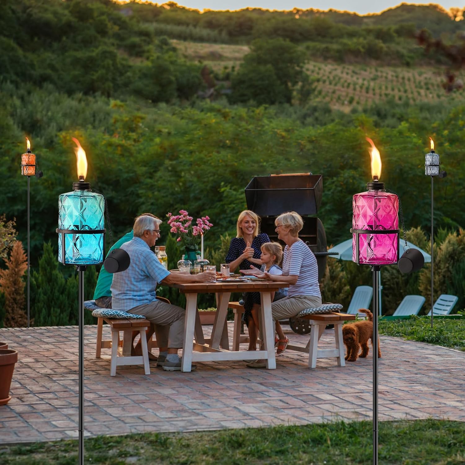 4 Pack Colorful Glass Garden Torch,60-Inch Outdoor Torch Garden Décor, Upgraded 12 oz Citronella Torches with 3-Prong Grounded Stake,Metal Light Torches for Party Patio Pathway