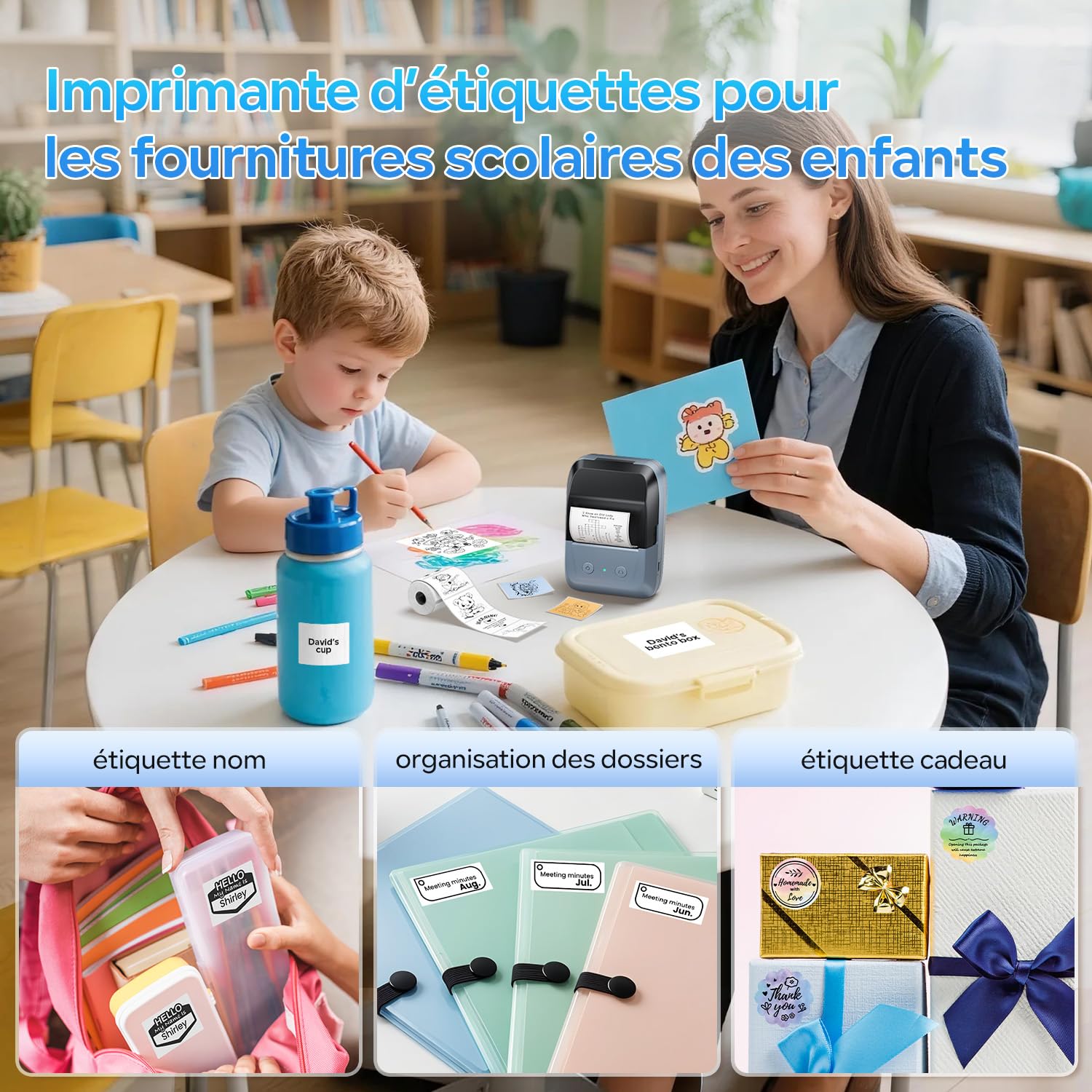 Memoking Imprimante d'étiquettes Bluetooth, portable, autocollante, avec 2000 symboles et 300 modèles, pour le commerce de détail, les petites entreprises, le bureau et la maison