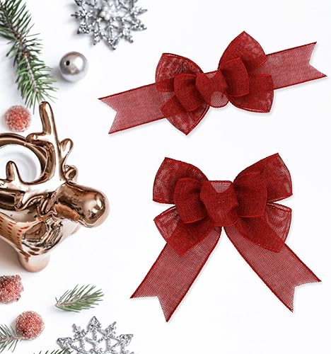 Miniatura 107 de 2 lazos de arpillera de Navidad, hechos a mano, prefabricados para coronas, adornos decorativos grandes de Navidad, decoración de árbol, lazos