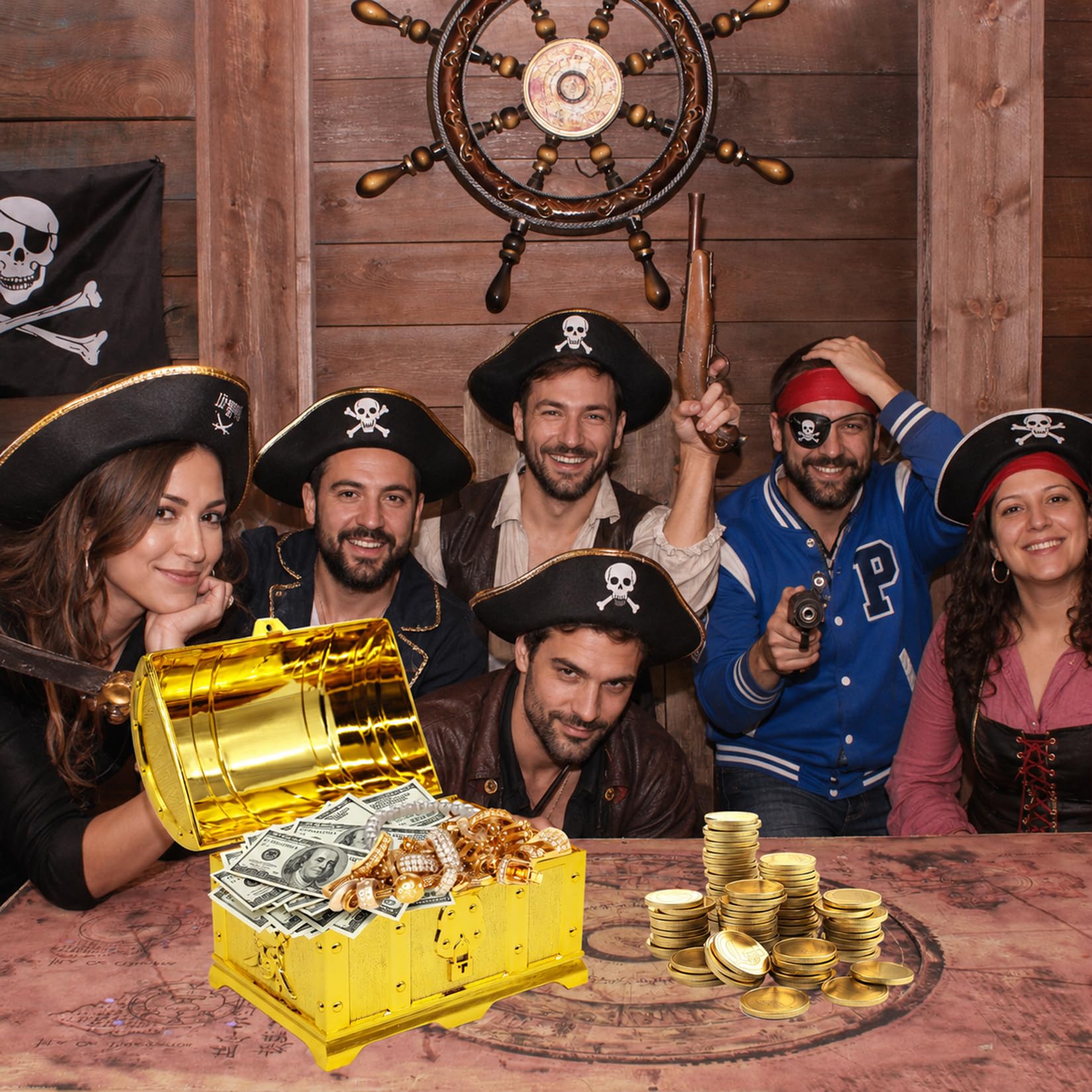 Herbst Coffre au trésor doré avec serrure à clé, coffre au trésor verrouillable avec couvercle pour fête à thème pirate, événements, petit coffre au trésor pour ranger la chasse à la scie, la