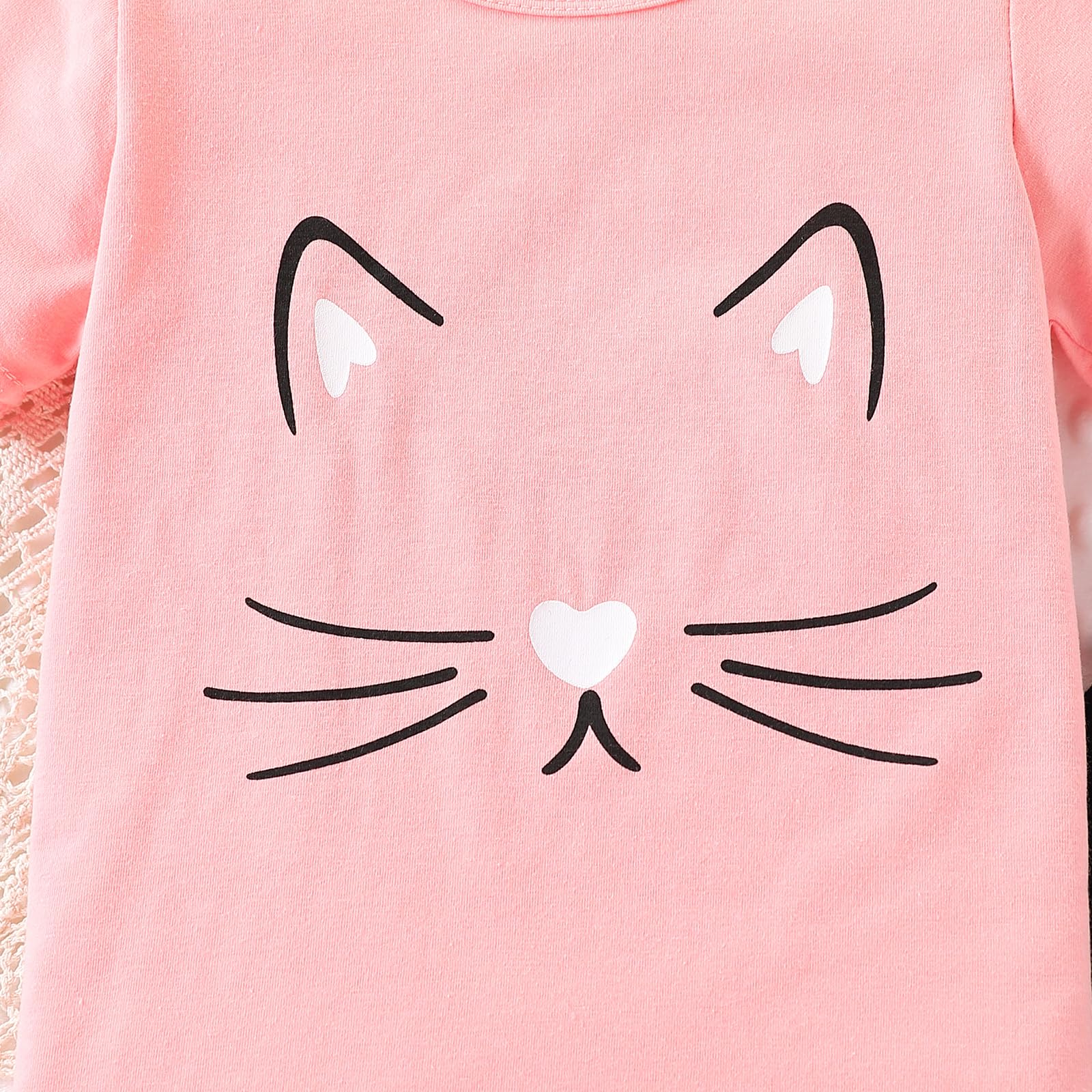Conjunto de 2 piezas de ropa para niña pequeña de 4 a 8 años, con estampado de cara de gato, camiseta de manga corta y pantalones, para primavera y verano