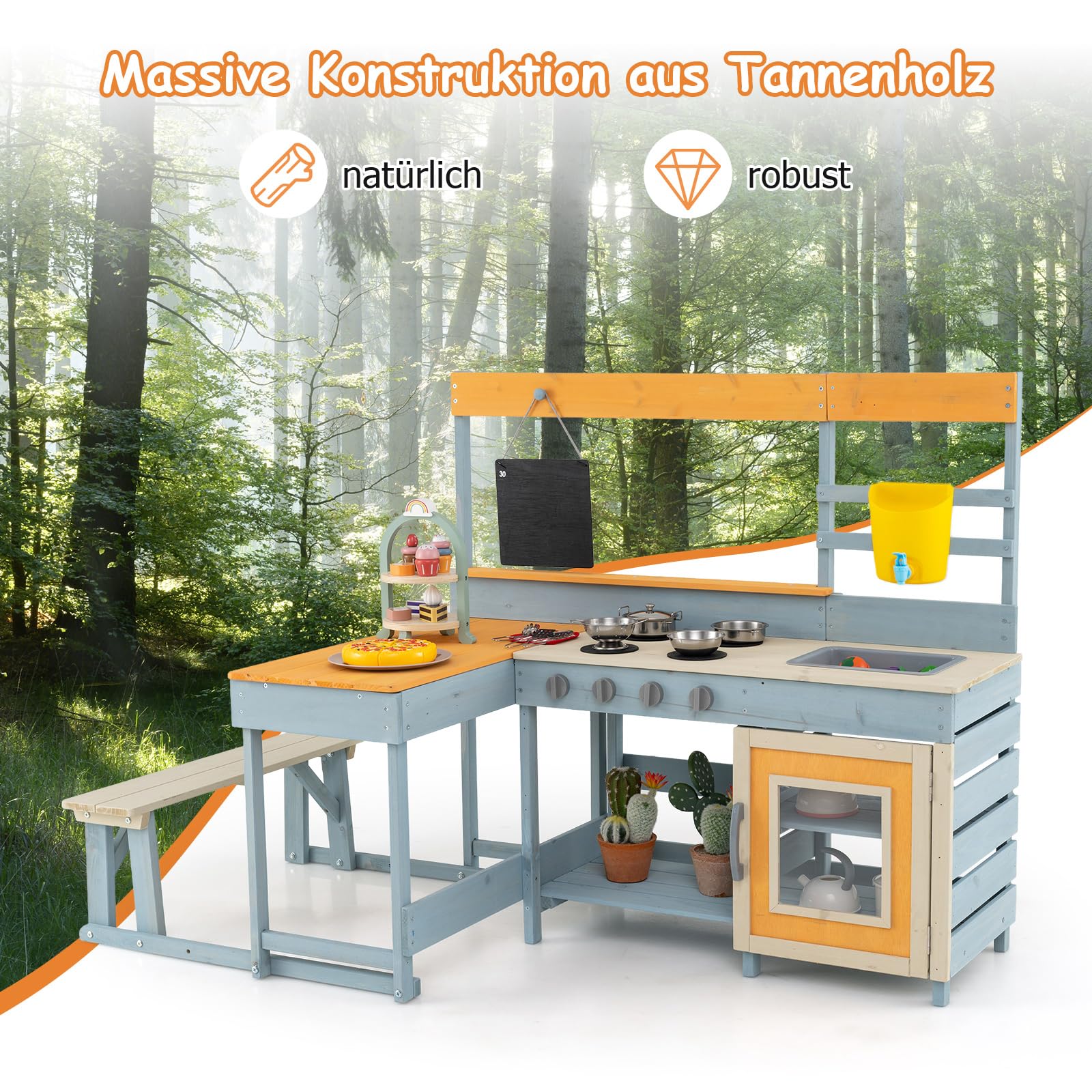 COSTWAY Matschküche Kinder, Outdoor Spielküche Holz mit Picknicktisch und Bank, Kinderküche mit Echtem Wasserhahn, Spüle, Tafel, Dessert- & Kochzubehör, Outdoorküche für Kinder ab 3 Jahren