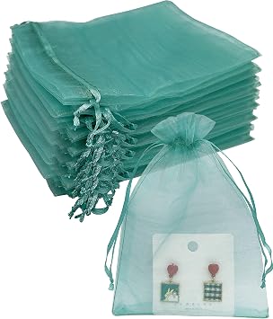 Jexila 100PCS Sheer Organza Bag 5X7 Teal Mesh Bags Drawstring Jewelry Gift Bag for Baby Shower Wedding Party Favor Pouch Goodie Bags Aqua