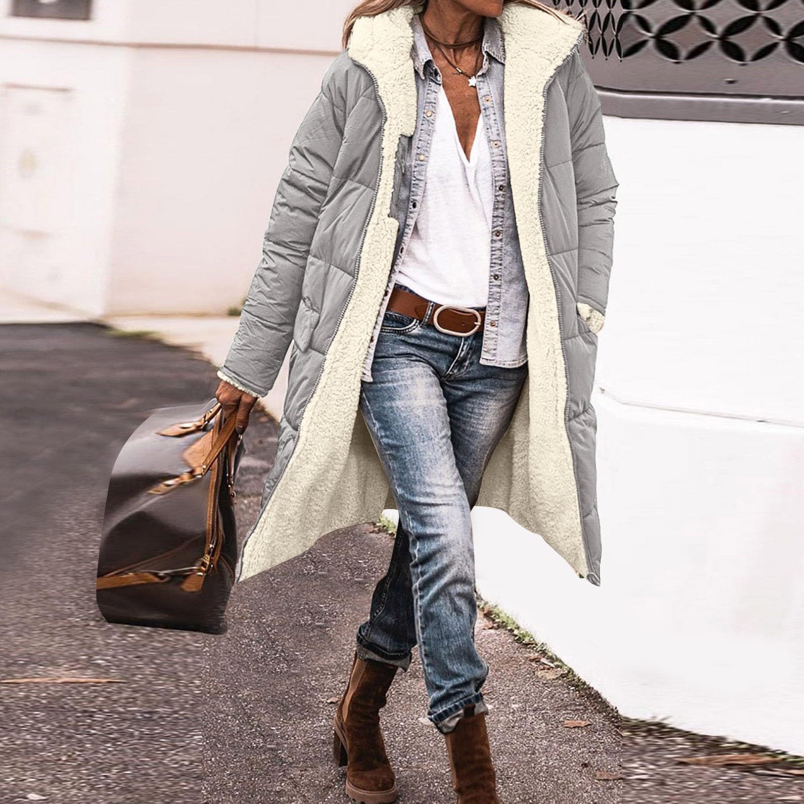 Cappotto invernale da donna alla moda con tasche in pile con cerniera, reversibile, per giornate fredde, abbigliamento casual con calda fodera interna