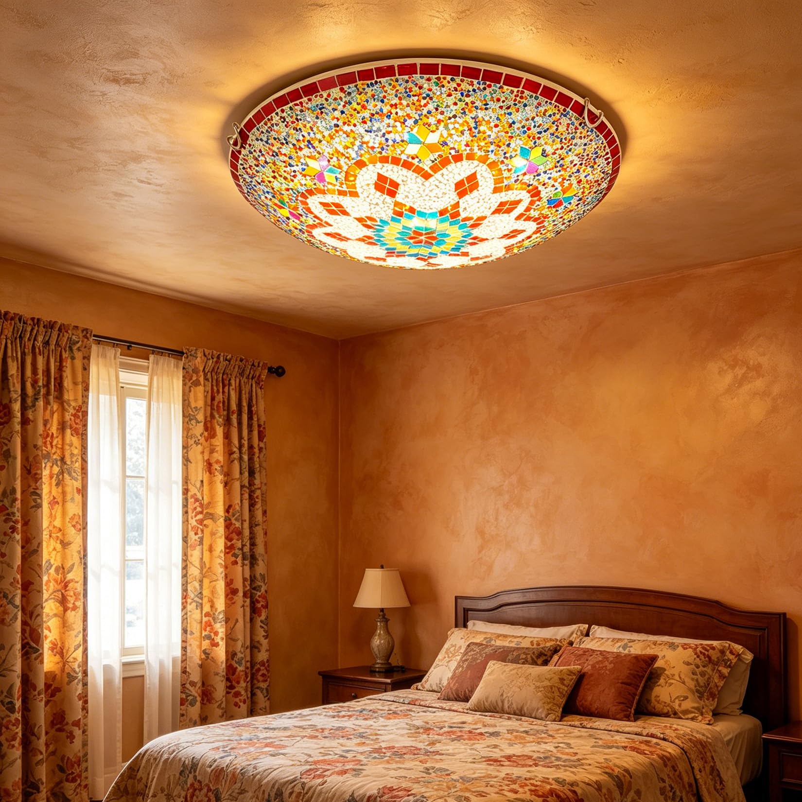 Yjmgrowing Turkish Ceiling Lamp Moroccan Mosaic Flush Mount Ceiling Light Handmade Tiffany Style Round Ceiling Light Fixture for Bedroom Hallway Entryway Dining Room, E26/E27,16inch