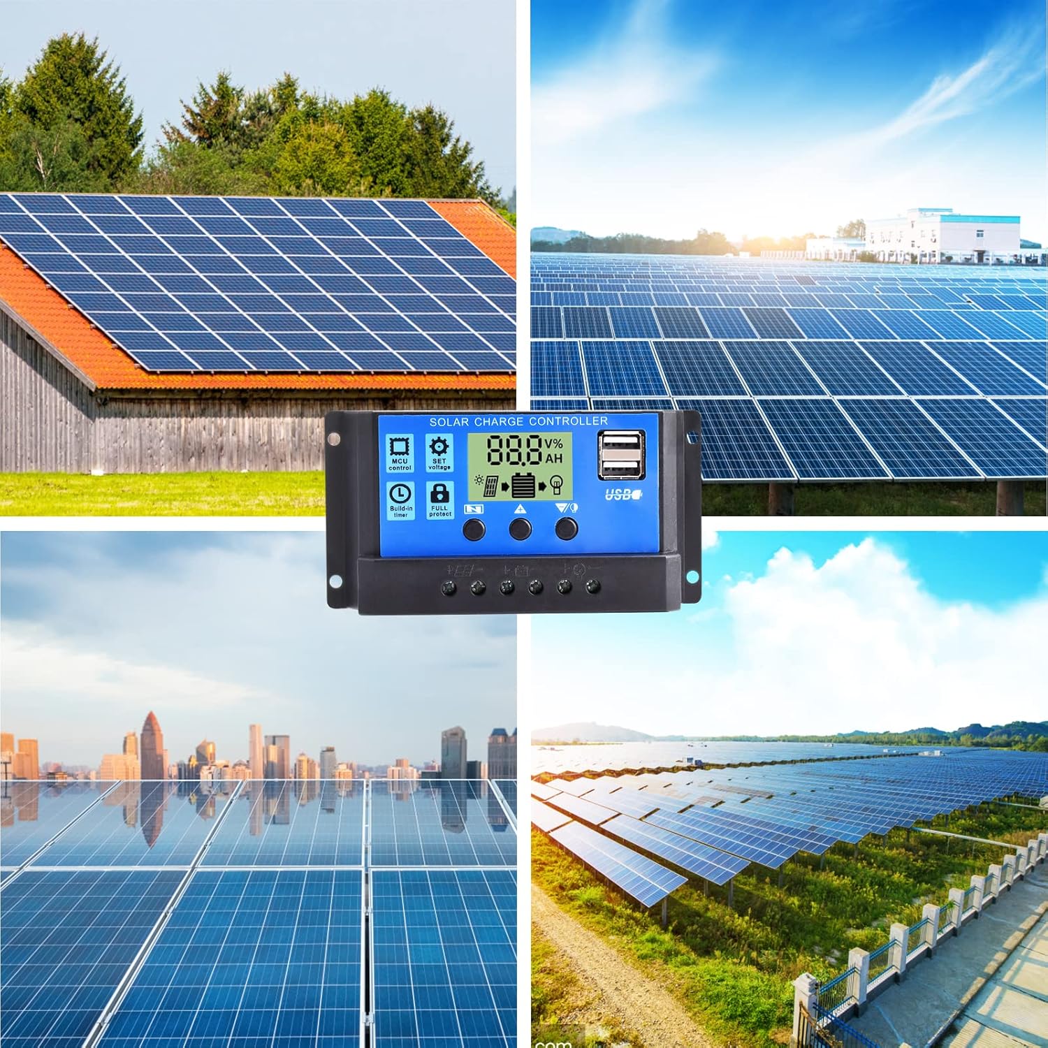 Деталдаштырылган view of the LCD display and control buttons on the solar charge controller