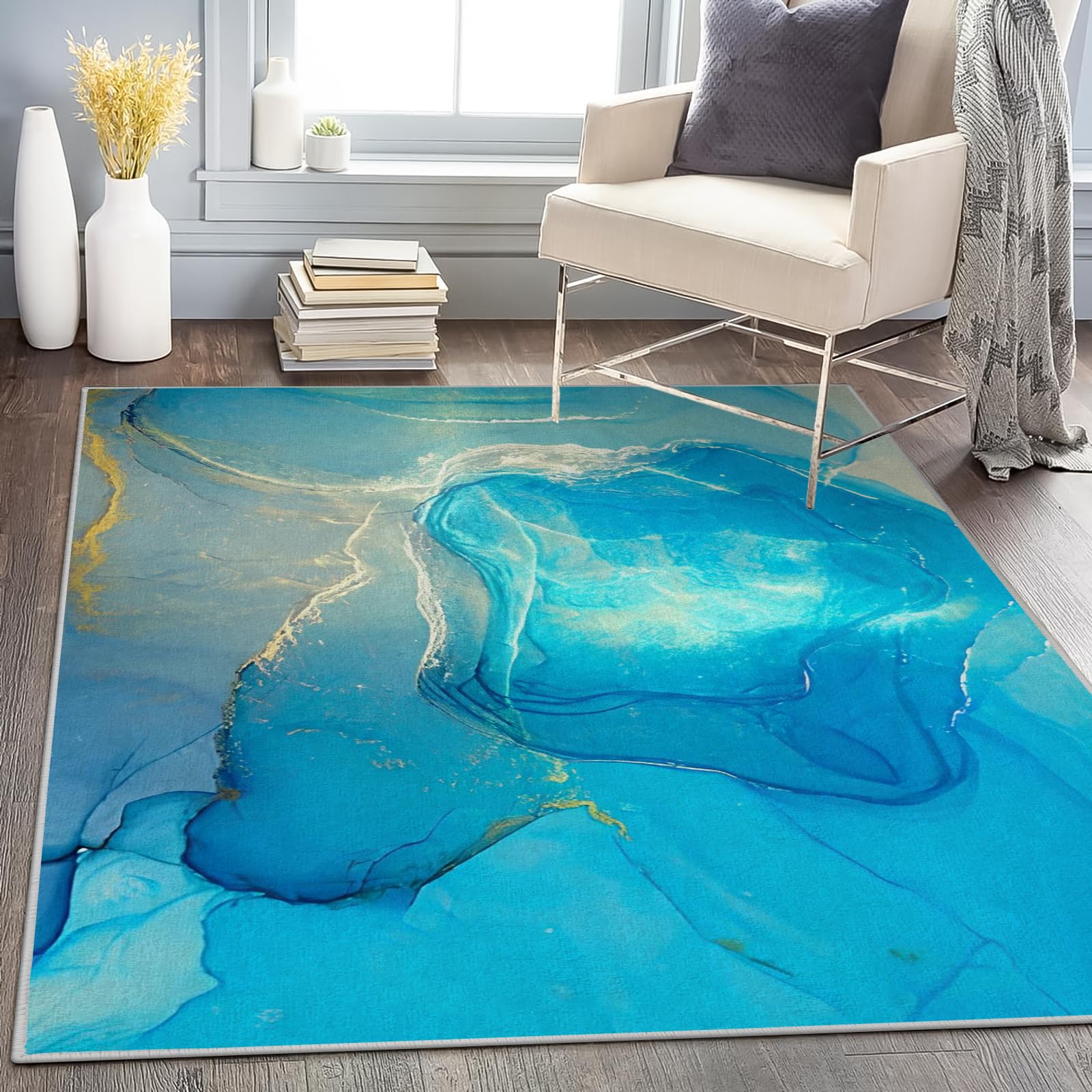 Tapis Marbre Bleu Canard Lavable en Machine Tapis Salon 120x200 Poil Court, Turquoise Tapis Descente de Lit Chambre Doux Tapis Sol Absorbant, Moquette Decoration Chambre Ado Adulte