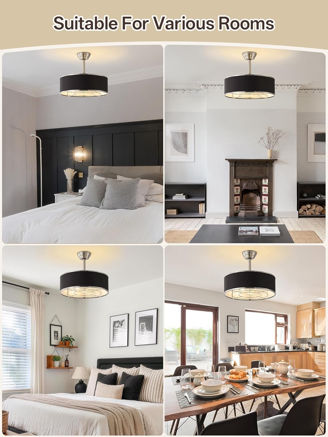 20" Black and Sliver Caged Boho Fandelier Ceiling Fan with Light & Remote Control - Bladeless Chandelier Fan, 6 Speed Quiet Reversible Motor for Bedroom, Nursery, Living Room