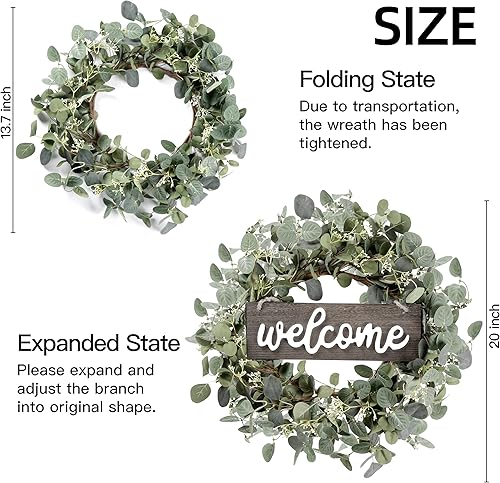 Miniatura 5 de Sggvecsy Corona de hojas de eucalipto verde con letrero de bienvenida de 20 pulgadas, corona de eucalipto artificial de primavera y verano para
