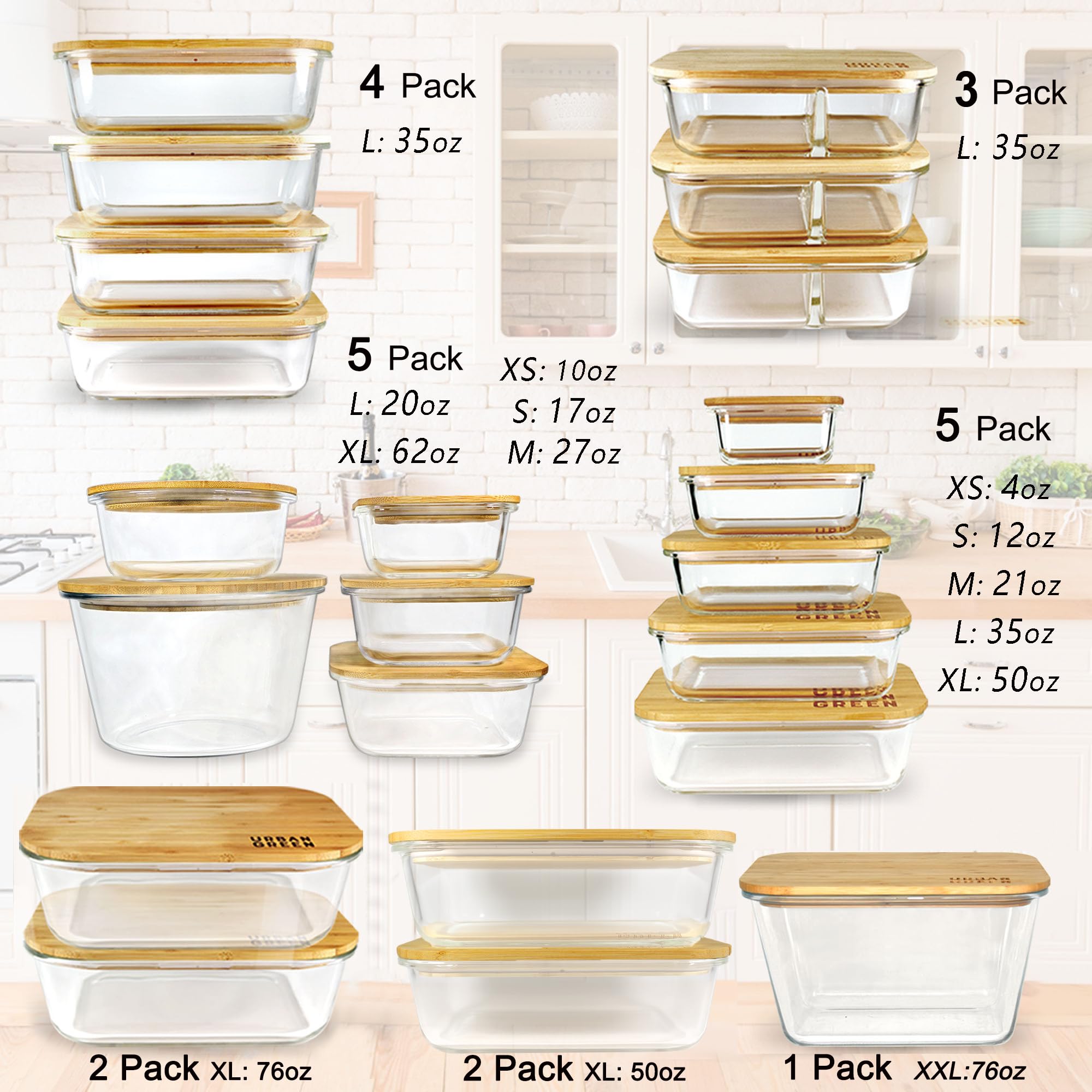 Urban Green Glasbehälter mit Bambusdeckel, 2 Stück, 1,5 l, große Glas-Frischhaltedose mit Deckel, Meal Prep Containers, 2 Stück