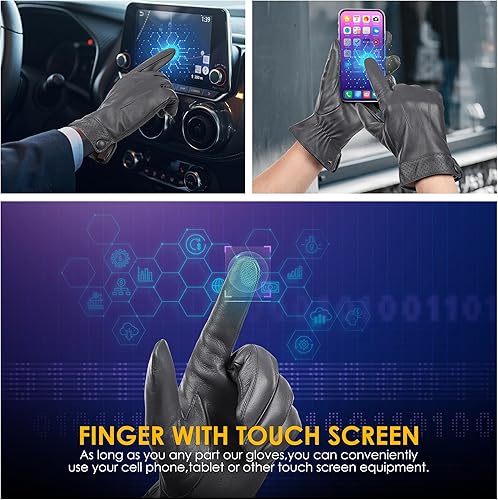 Miniatura 3 de Dsane Guantes de cuero de oveja genuina de invierno para hombres, guantes de motocicleta de conducción con forro de cachemira para pantalla táctil