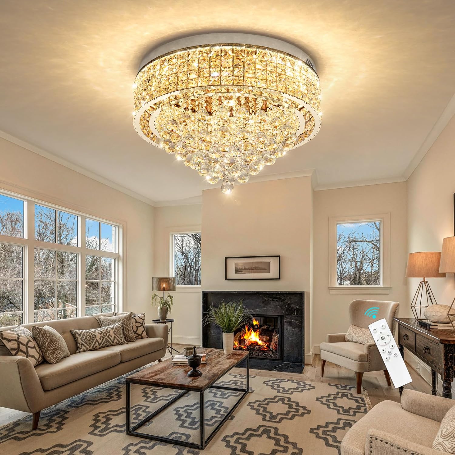 Dia 24" Crystal Chandeliers LED Dimmable Flush Mount Ceiling Light for Living Room Dining Room Bedroom LED Celing Lighting Fixture Silver