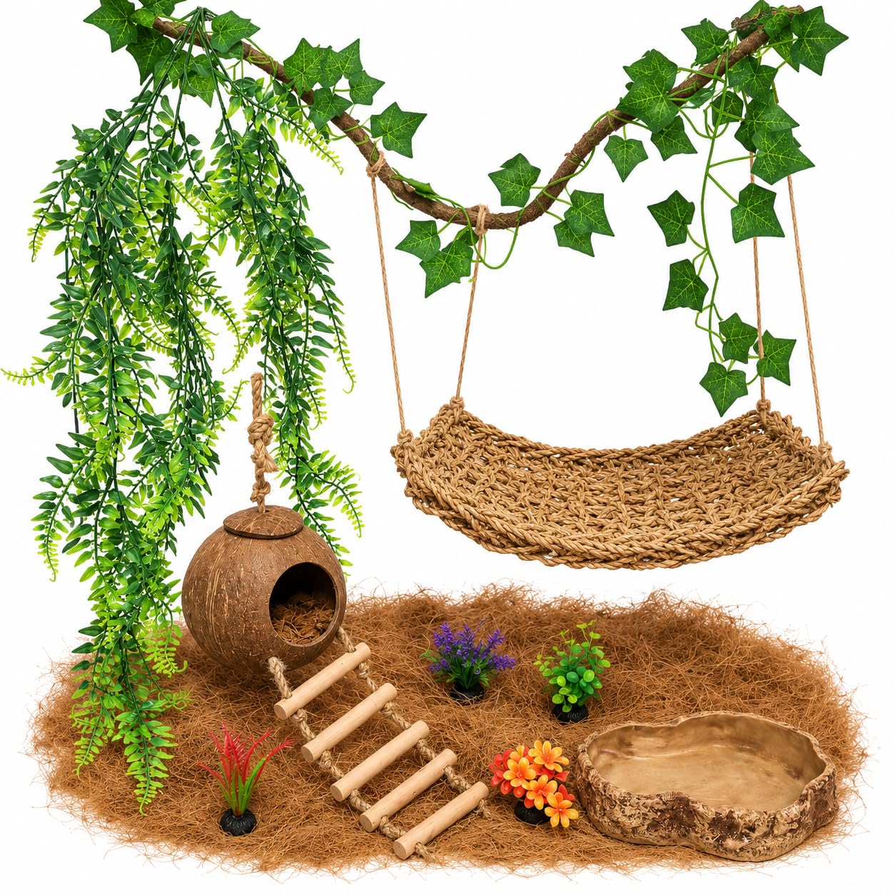 Leopard Gecko Tank Accessories. Reptile Hammock Vines Plants with Coconut Shell Ladder Hideout Hermit Crab Decor for Bearded Dragon Lizard Chameleon Crested Gecko Tortoise Snake(10PCS with Water Dish)