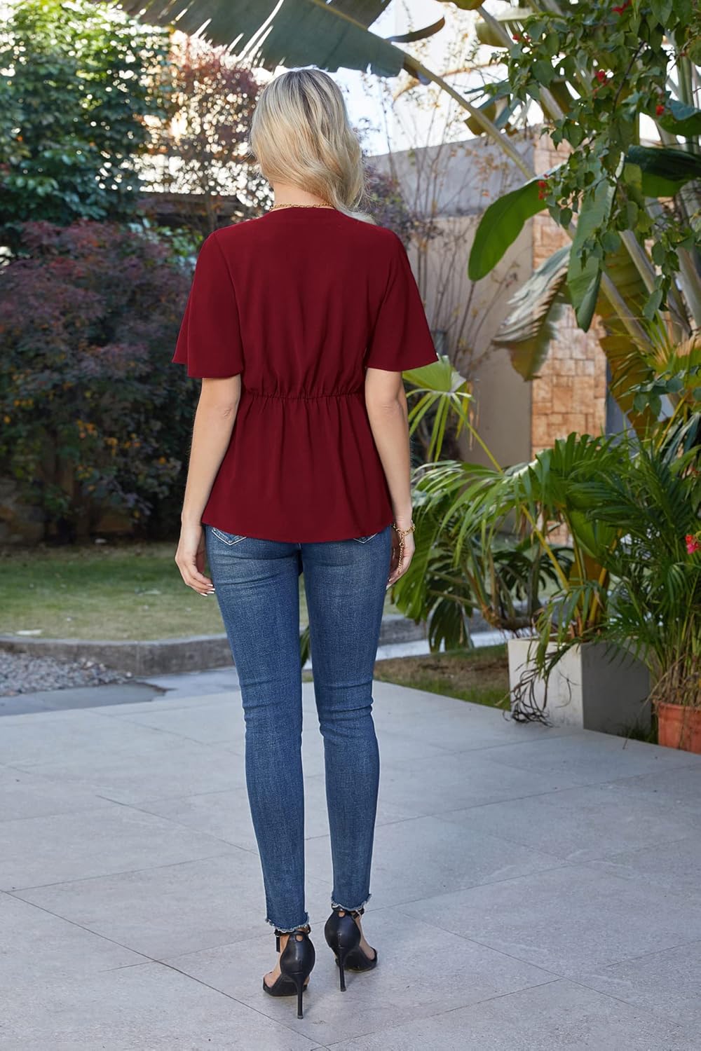 GRACE KARIN 2026 Women's Elegant V Neck Peplum Tops Tie Front Short Bell Sleeve Shirts Tops Blouse 2Xl