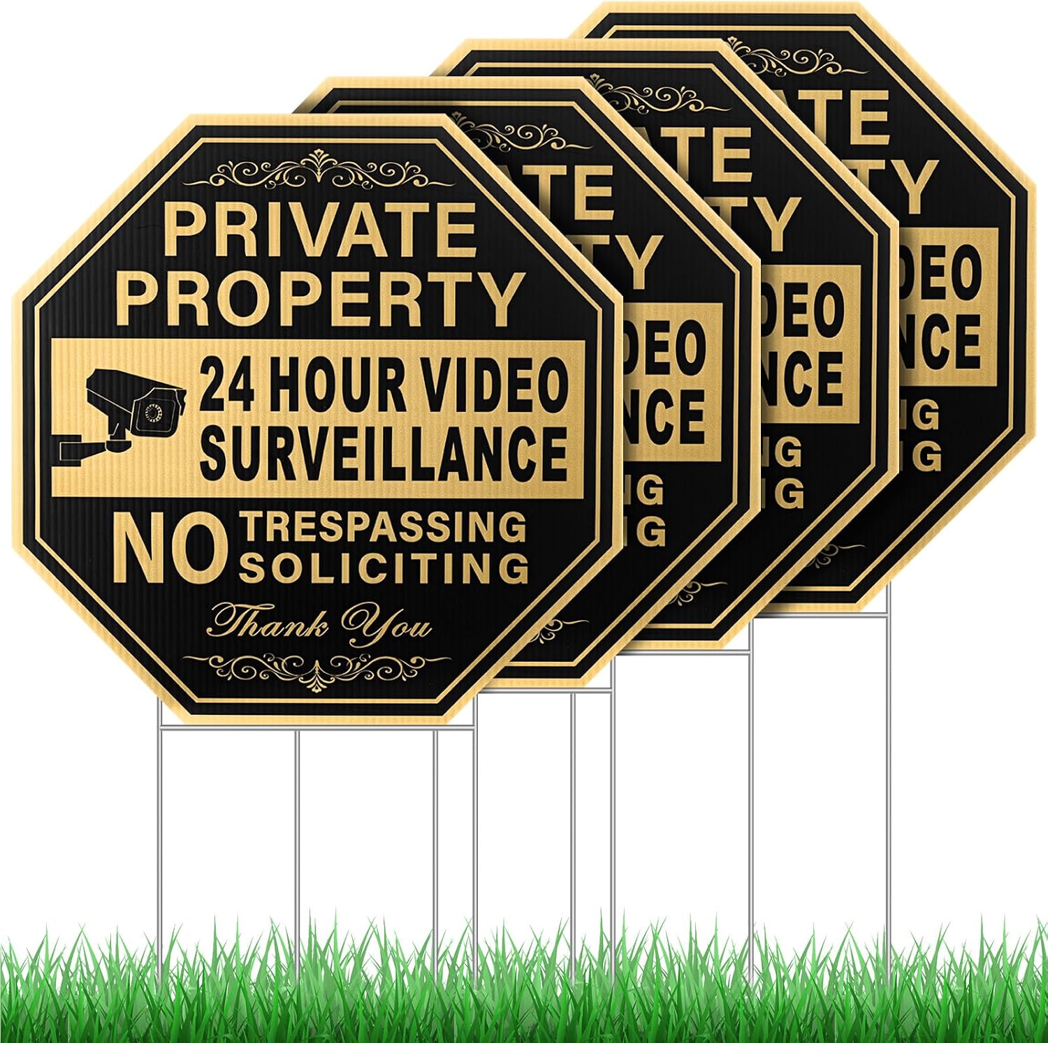 Hicarer 4 Pcs Private Property No Trespassing No Soliciting Yard Sign 12 x 12 Inches 24 Hours Video Surveillance Sign with Metal Stake Home Security Signs Warning Signs for Property, Black and Gold