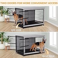 Vista 3 de TLSUNNY Muebles de jaula para perros, 44.1 pulgadas de madera para interiores con 2 puertas, jaula resistente con bandeja extraíble, mesa auxiliar