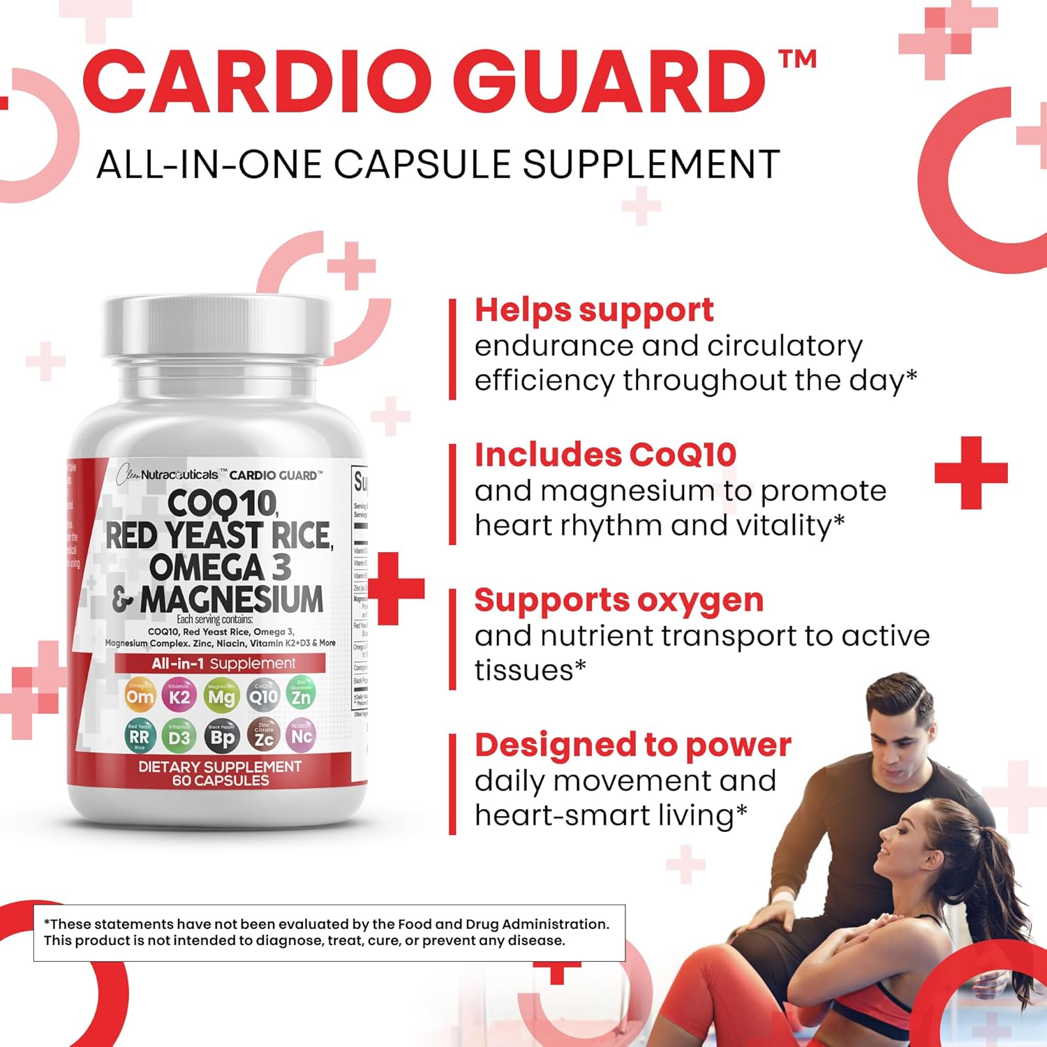 Clean Nutraceuticals COQ10 200mg Red Yeast Rice Omega 3 Magnesium Complex 500mg Niacin Zinc Vitamin K2 D3 - Heart Support Vitamins for Women & Men w/Vitamin B3, Coenzyme Q10-60 Ct (Pack of 2)