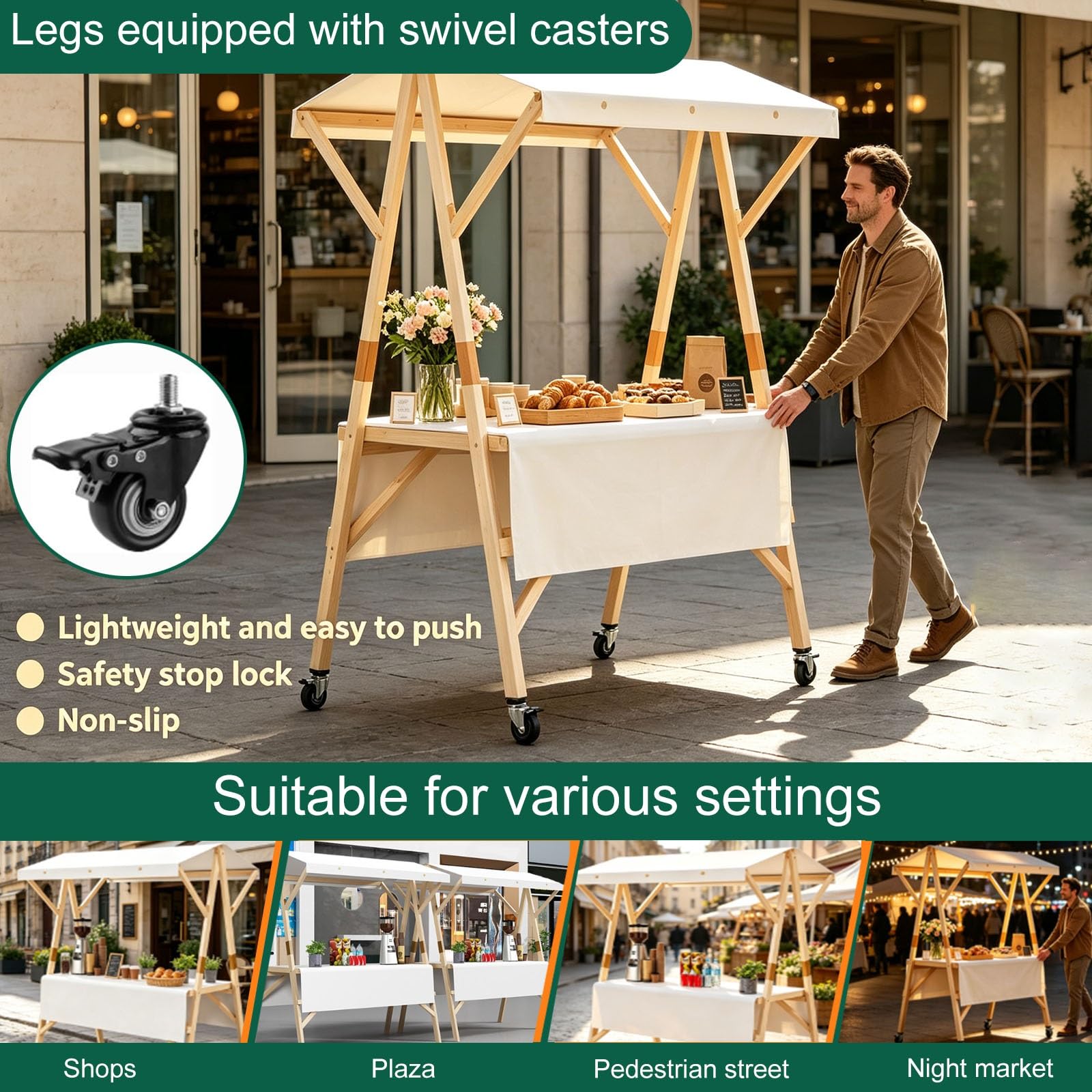 Carrello pieghevole portatile con tettoia per il mercato degli agricoltori e cibo da strada ll su ruote (blu, 120 cm / 47.2in), ideale per eventi e mercati all'aperto