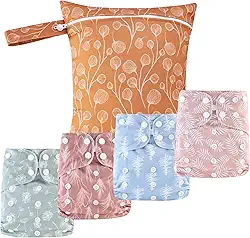 Happy Flute Happyflute - 9 Conjuntos De Fraldas Pano Para Recém-Nascidos, Tamanho Único, Ajustáveis E Reutilizáveis Meninos Meninas (6-33 Libras, 0-3 Anos), Uma Bolsa Úmida + 4 Absorventes