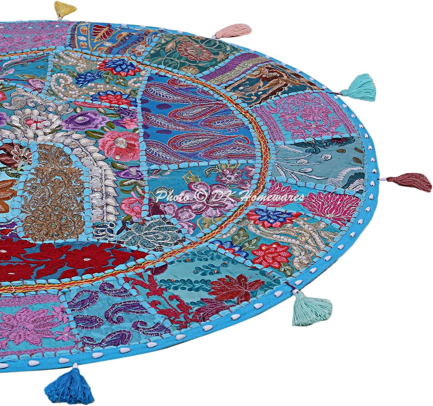 Indian Bohemian Floor Cushion Extra Large Turquoise 40 Inch Patchwork Living Room Pouffe Footstool Home Decor Embroidered Vintage Cotton Round Floor Pillow Bohemian 40x40