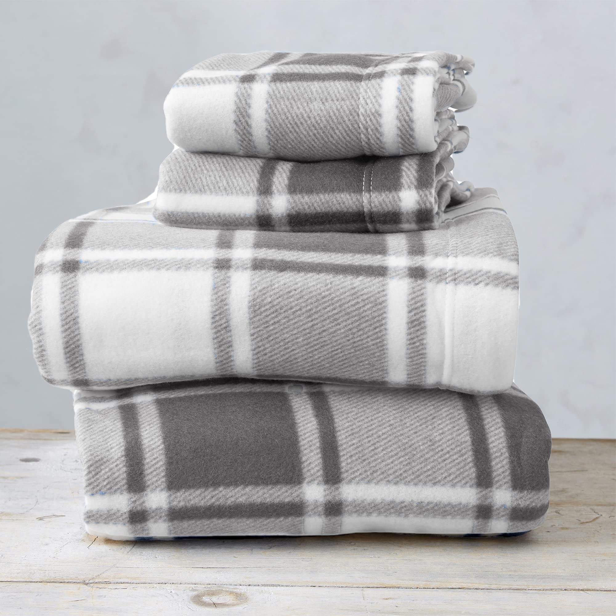 Great Bay Home Super Soft Queen Plaid Grey Micro Fleece Sheet Set | Cozy, Warm, Durable, Breathable, and Fluffy Bed Sheets | Microfleece Winter Sheets in Plaid | Christina Collection