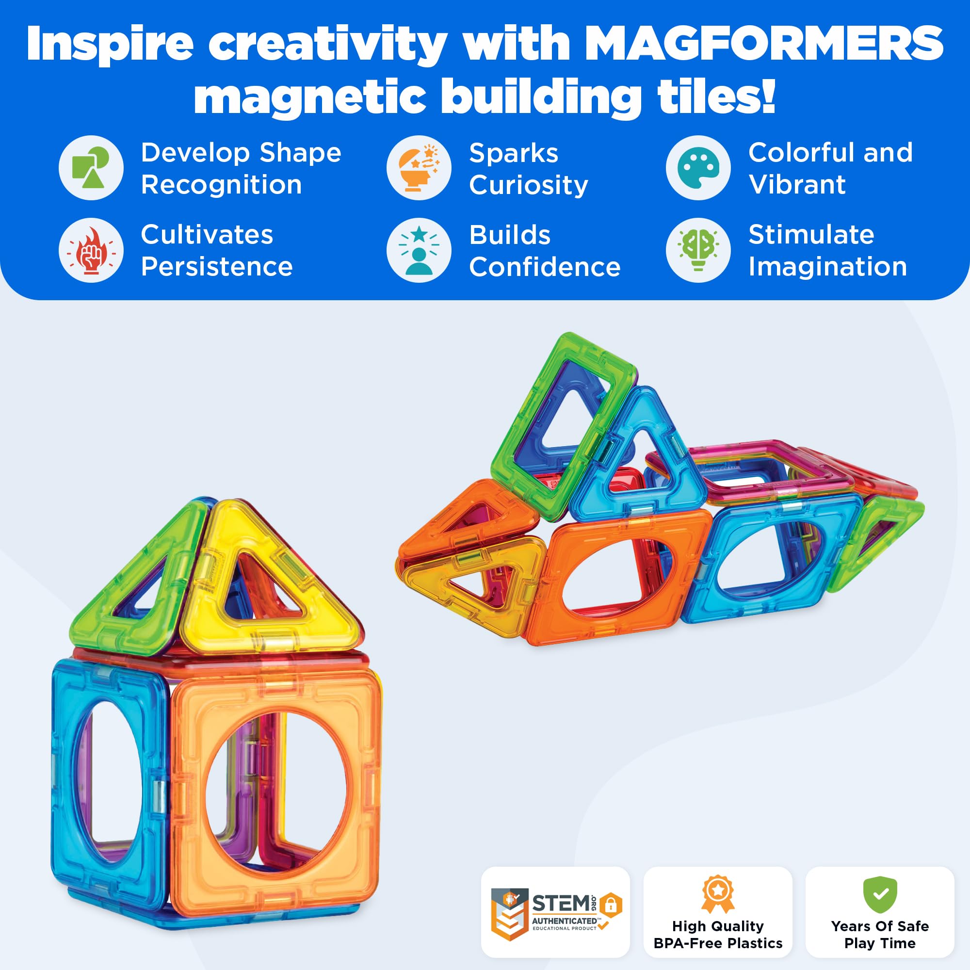 MAGFORMERS Basic Plus 14Piece, Rainbow Colors, Educational Magnetic Geometric Shapes Tiles Building STEM Toy Set Ages 3+