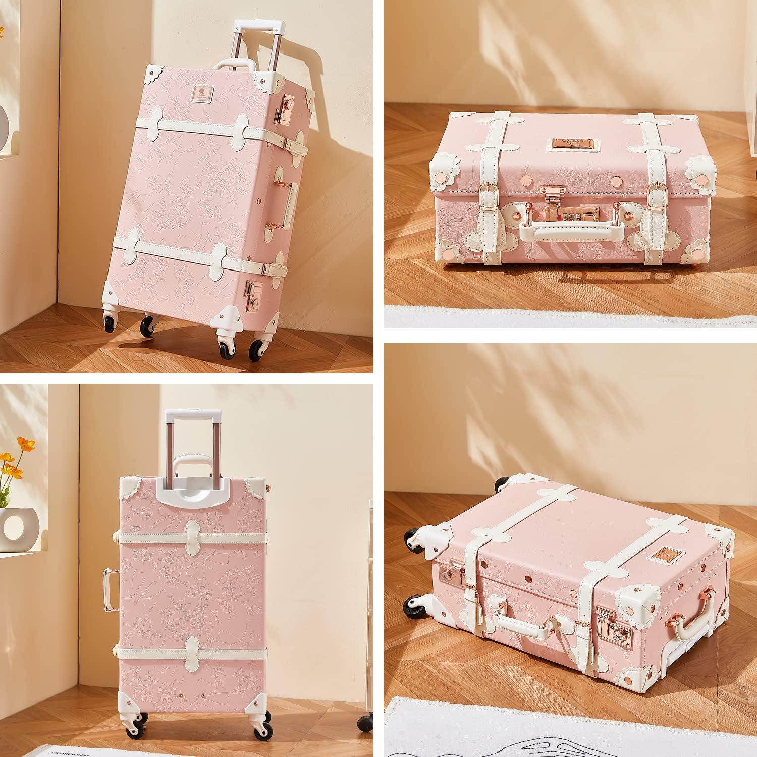 Unitravel 2 Piece Vintage Luggage Set, 20" Women Carry On Suitcase Set with TSA Lock, Faux Leather Spinner Trunk with 12" Train Case (Embossed Pink)