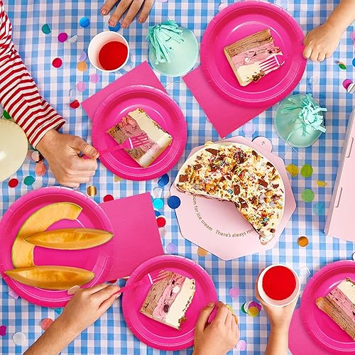 Miniatura 3 de El juego de suministros para fiesta de color rosa intenso incluye platos y servilletas de papel rosa intenso, juego de vajilla de papel rosa intenso