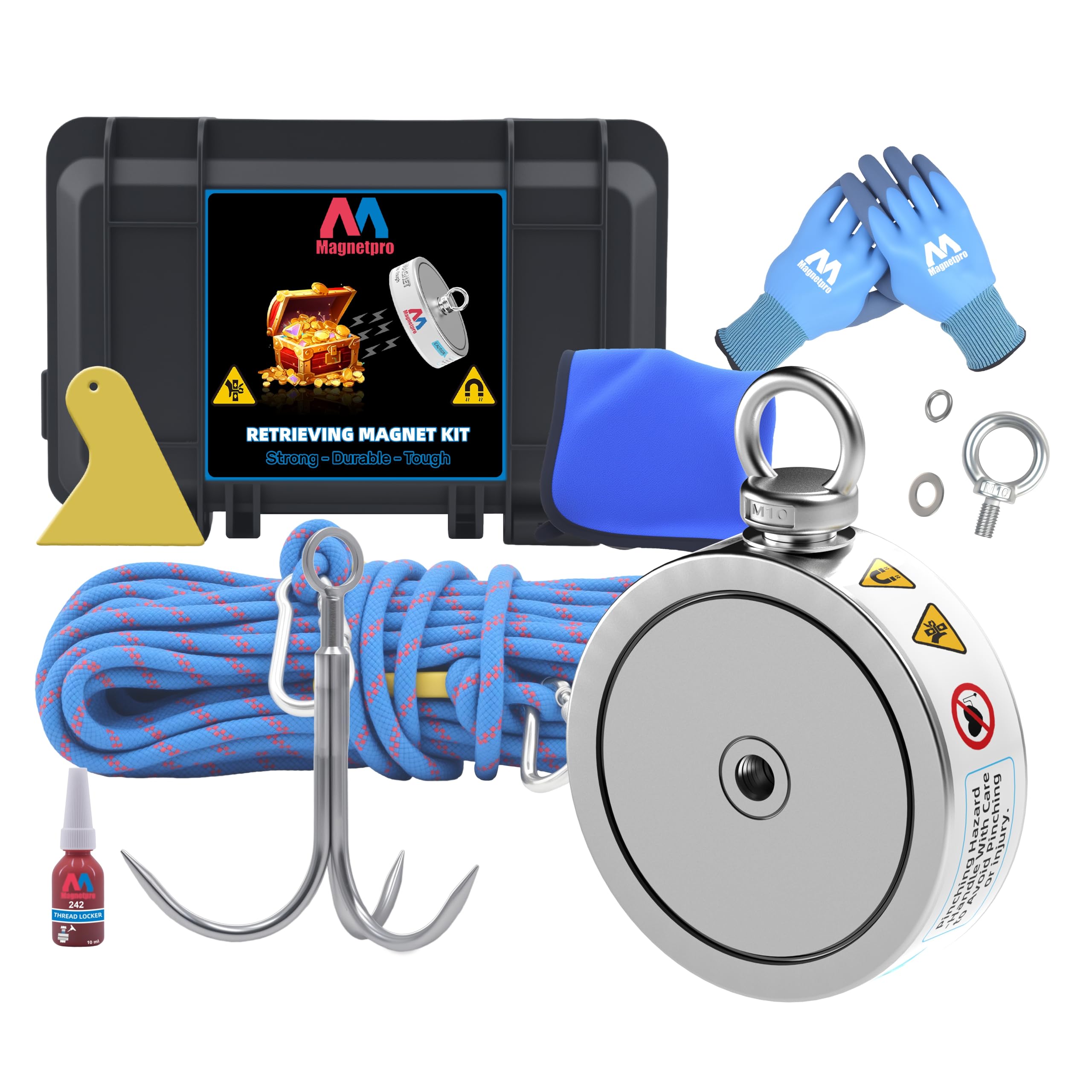 Magnetpro Juego de Imanes de Recuperación 1220 kg, Imán de Pesca Doble Cara, Neodimio, Cuerda 20m, Mosquetón, Guantes, Gancho, Bolsa