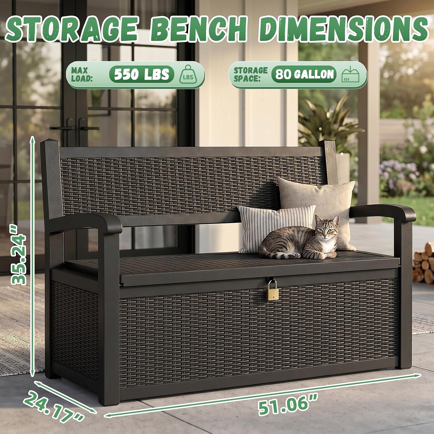 80 Gallon Outdoor Storage Bench Waterproof Resin Lockable UV Resistant Deck Box Benches Furniture Outside Porch Patio Pool Garden Tool Cushion Black