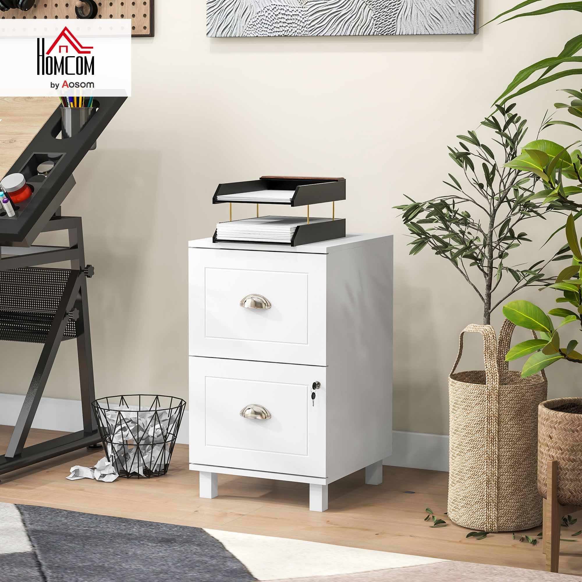 HOMCOM Cassettiera da ufficio 2 cassetti A4 e lettera 40 x 41,5 x 67,5 cm bianco | Mobile archivio, cassettiera per scrivania, con serrature, cartelle sospese