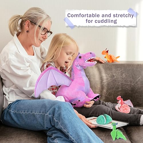 Vista 28 de MaoGoLan - Animal de peluche de dragón, juego de 7 piezas, mamá dragón con 4 dragones bebés y 2 huevos, para niñas, niños y bebés, regalo