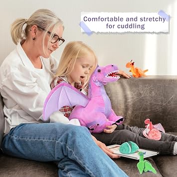 MaoGoLan 7 Pcs Dragon Plush Toy Set for Kid, 22 inch, Large Dragon Stuffed Animal with 4 Babies and 2 Eggs in Mom's Belly,Dinosaur Plush Gifts for Boy Girl Birthday Easter Party Decor Pink
