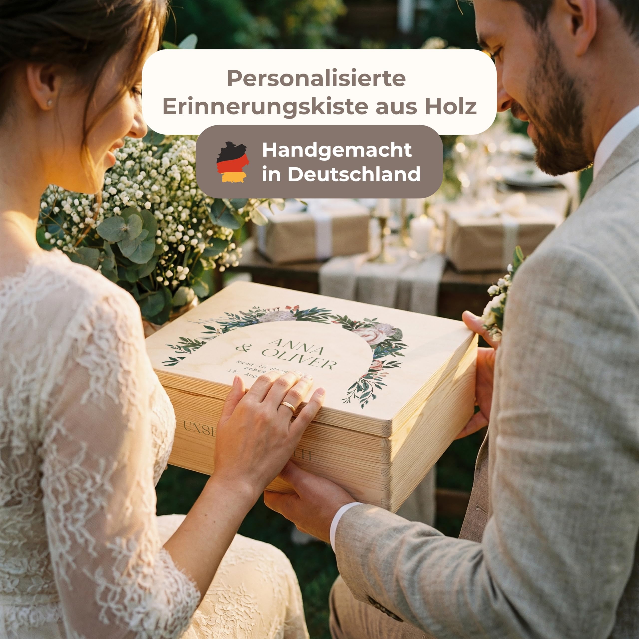 Amari ® Personalisierte Erinnerungsbox aus Holz | Blütenbogen (001.09) | Individuelles Hochzeitsgeschenk Erinnerung Hochzeit Personalisiertes Holzkiste