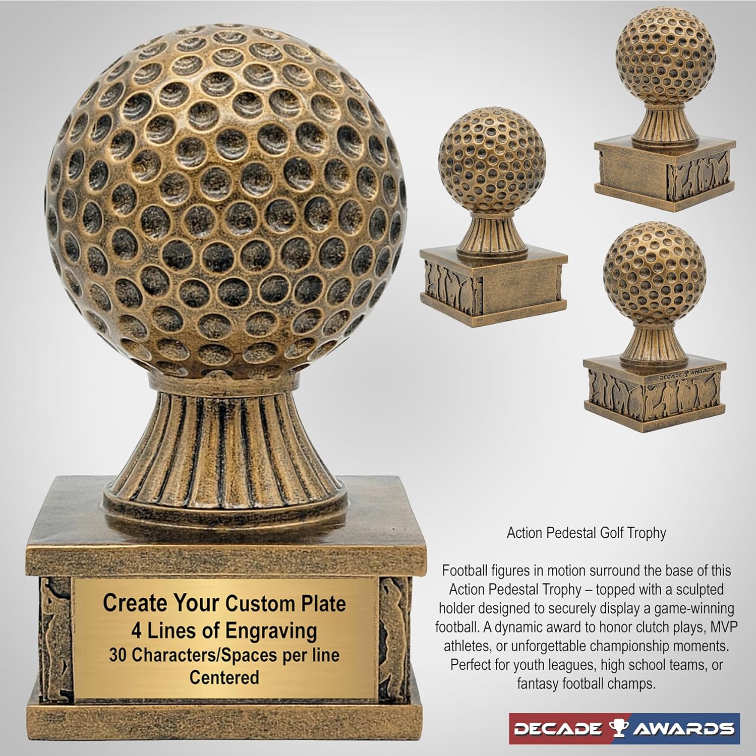 Decade Awards Personalized Golf Trophy - Engraved Action Pedestal Golf Award - Celebrate Every Swing, Drive, Putt and Victory on The Green - Golf Tournament Prize - Customize Now (6 Inch)