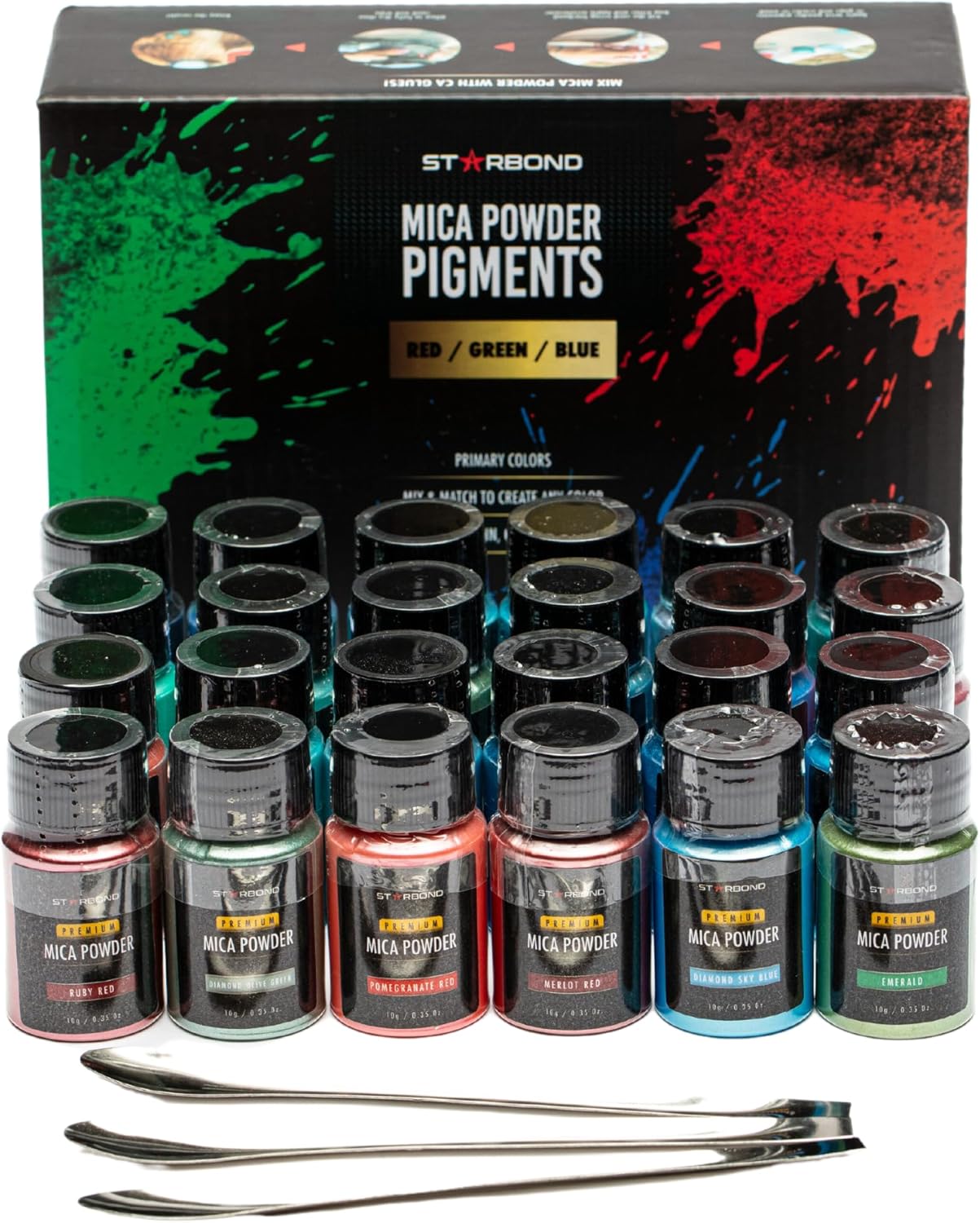 Starbond Mica Powder 24-Color Set — 5 Reds, 7 Greens, 12 Blues Natural Pigment Tones — for Epoxy Resin, Candle & Soap Making, Acrylic Paint, Wood Inlays, DIY Crafts & Nail Art (10g Jars)