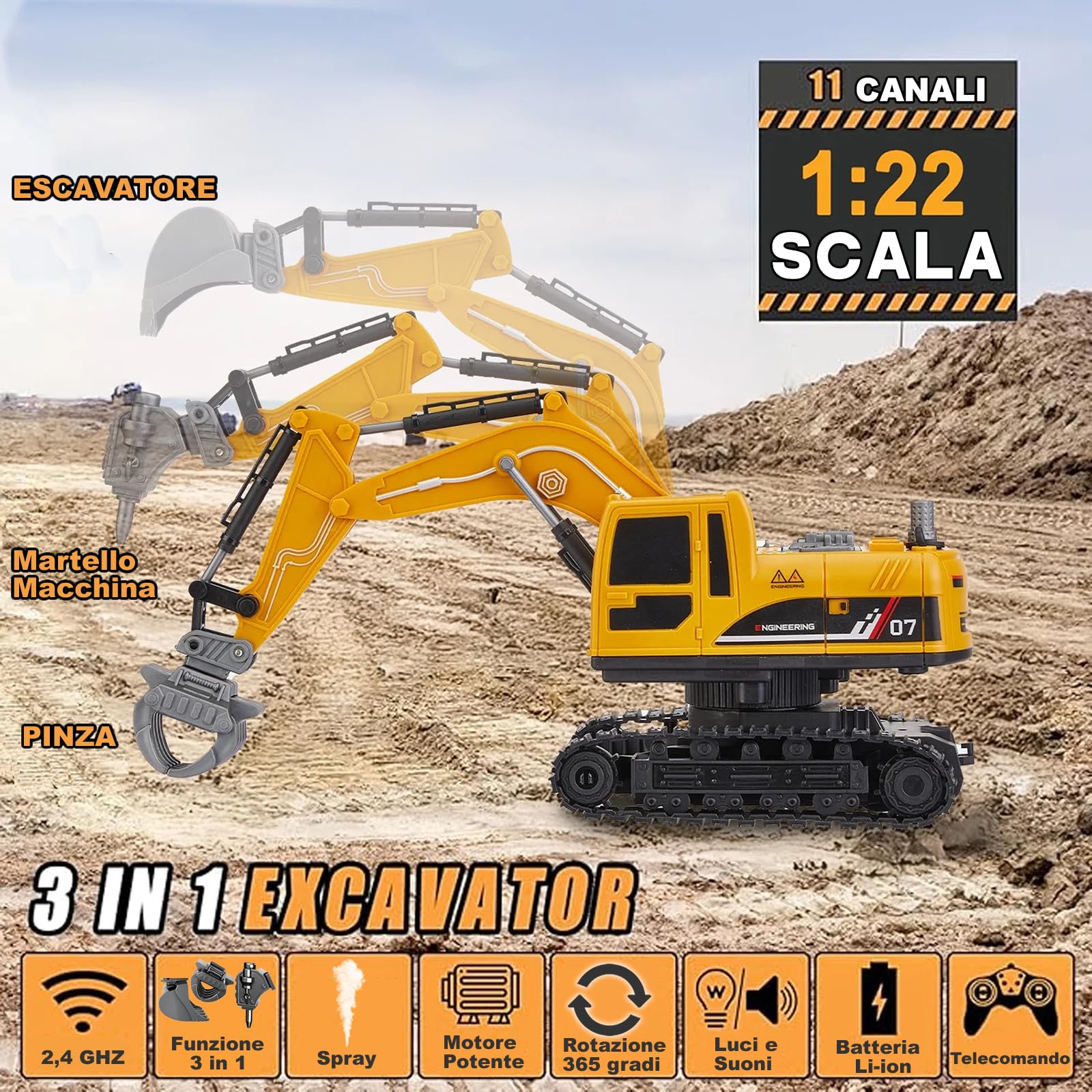 1:22 Escala 11 Canales 3 en 1 Excavadora teledirigida para niños, excavadoras inalámbricas con pala de metal, excavadora hidráulica con luces y sonidos y spray, regalos para niños de 4 a 7