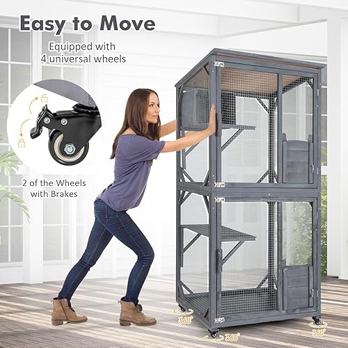 Miniatura 6 de Tangkula Catio - Recinto para gatos al aire libre, casa de madera para gatos de 72 pulgadas con caja de descanso, 2 plataformas y techo de asfalto