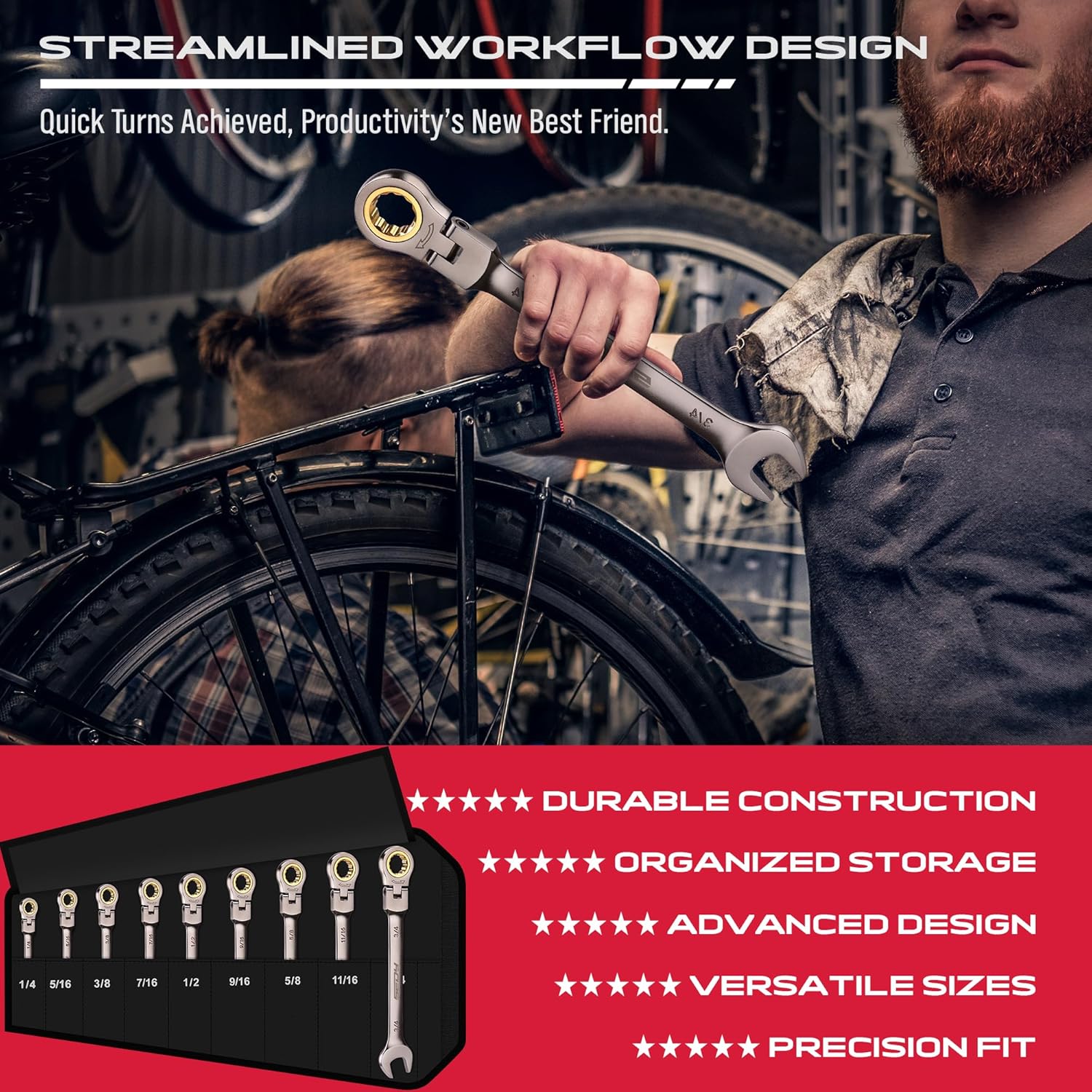9-Piece SAE Flex-Head Ratcheting Combination Wrench Set - Premium 72-Teeth Gear Chrome Vanadium Nickel Plated with Organizer Bag