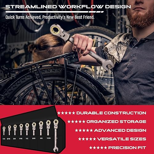 Miniatura 7 de Juego de llaves combinadas de trinquete SAE de cabeza flexible de 9 piezas, engranaje de 72 dientes de alta calidad, cromado vanadio, niquelado con
