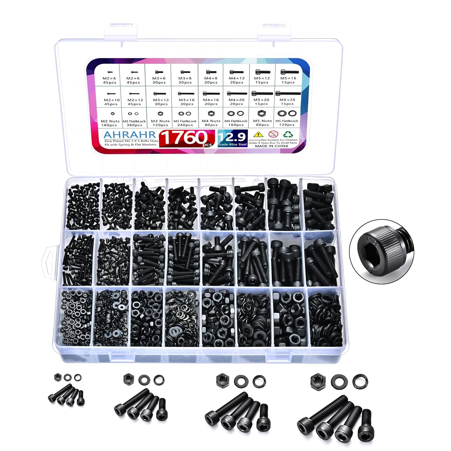 1760pcs M2 M3 M4 M5 Metric Screw Assortment, Grade 12.9 Alloy Steel Hex Socket Head Cap Bolts and Nuts Kit, Black Zinc Plated and Anti Rust Screw Set with 4 pcs Hex Wrenches